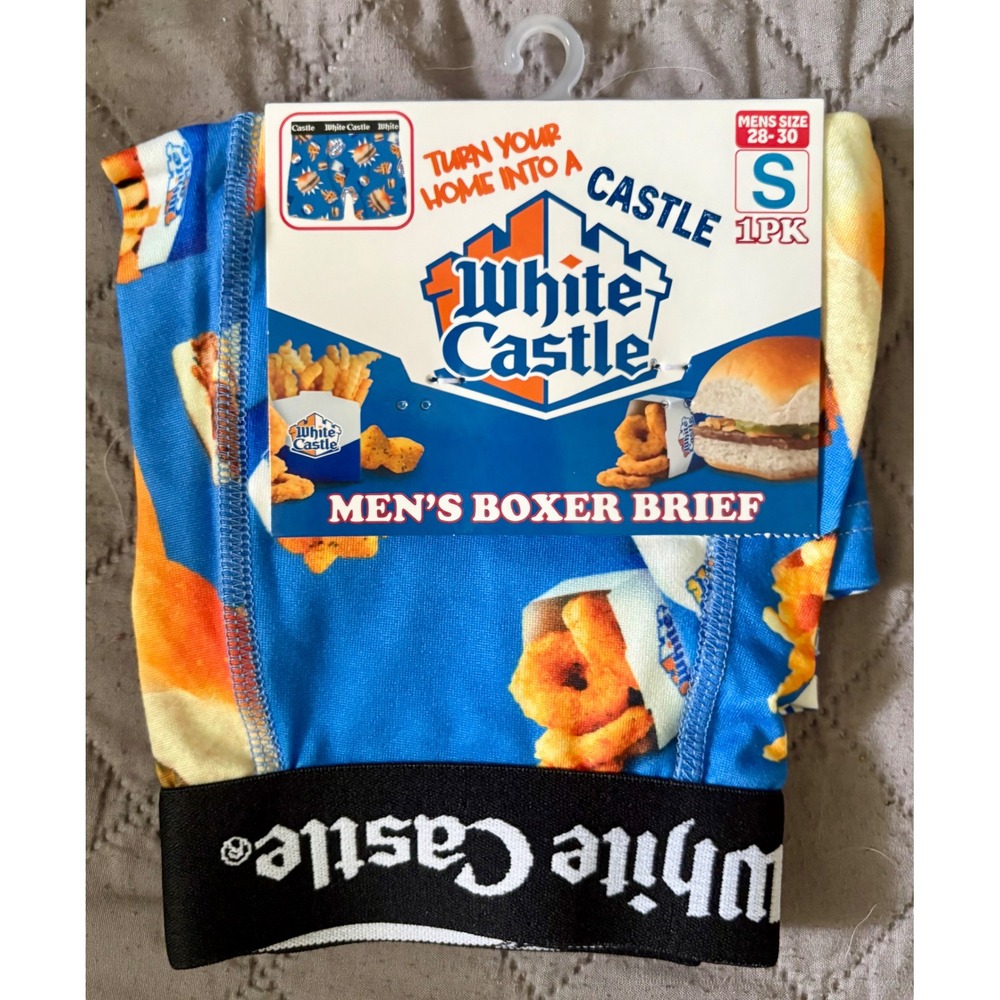 White Castle Mens Boxer Briefs Small 28-30 Blue Food Print Sliders Fries Novelty